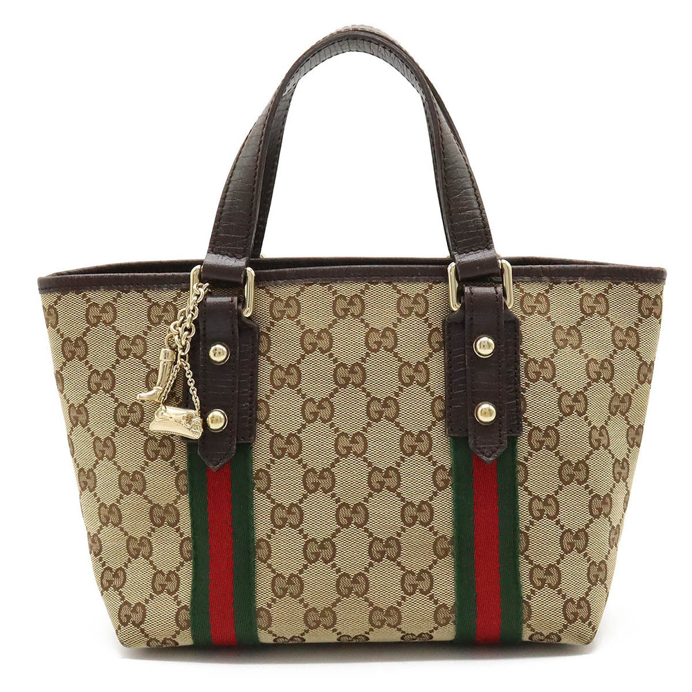 Gucci GG Canvas Sherry Tote Bag Handbag Leather Beige Brown Cream